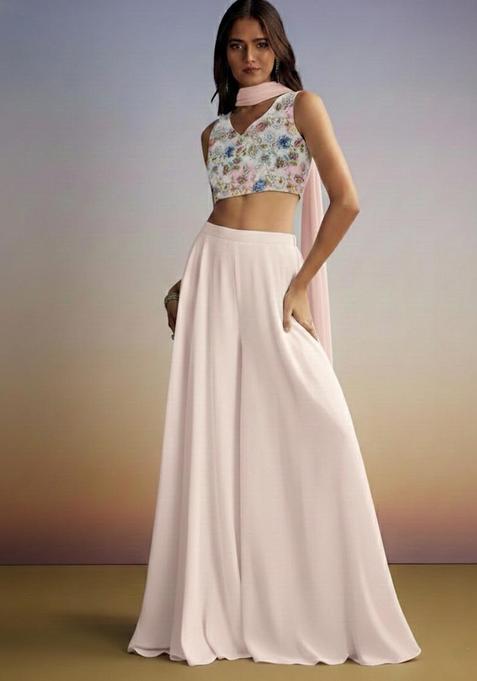 Peach Embroidery Crepe Fusion Set