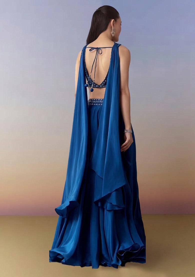 Royal Blue Crepe Handwork Fusion Set - Indya