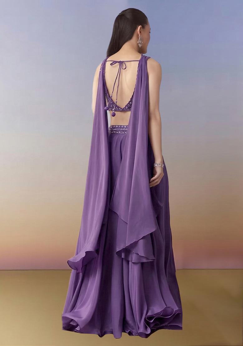 Purple Crepe Handwork Fusion Set - Indya