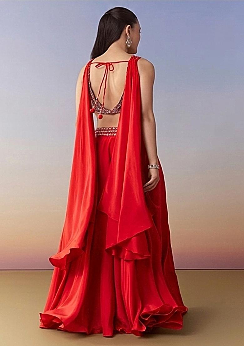 Red Crepe Handwork Fusion Set - Indya