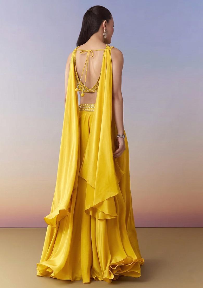 Yellow Crepe Handwork Fusion Set - Indya