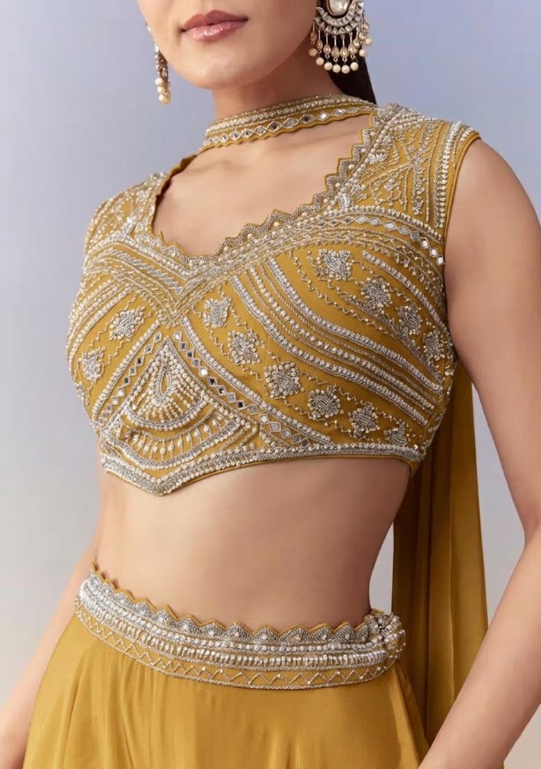 Mustard Crepe Handwork Fusion Set - Indya