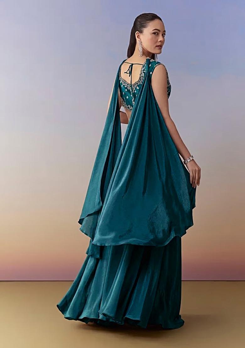 Teal Green Crepe Handwork Fusion Set - Indya