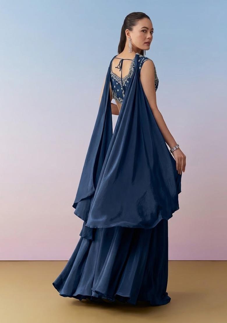 Navy Blue Crepe Handwork Fusion Set - Indya