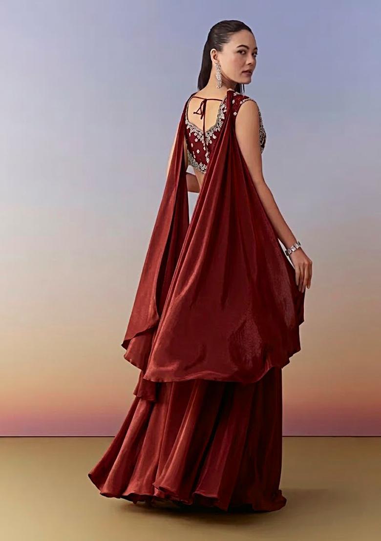 Deep Red Crepe Handwork Fusion Set - Indya