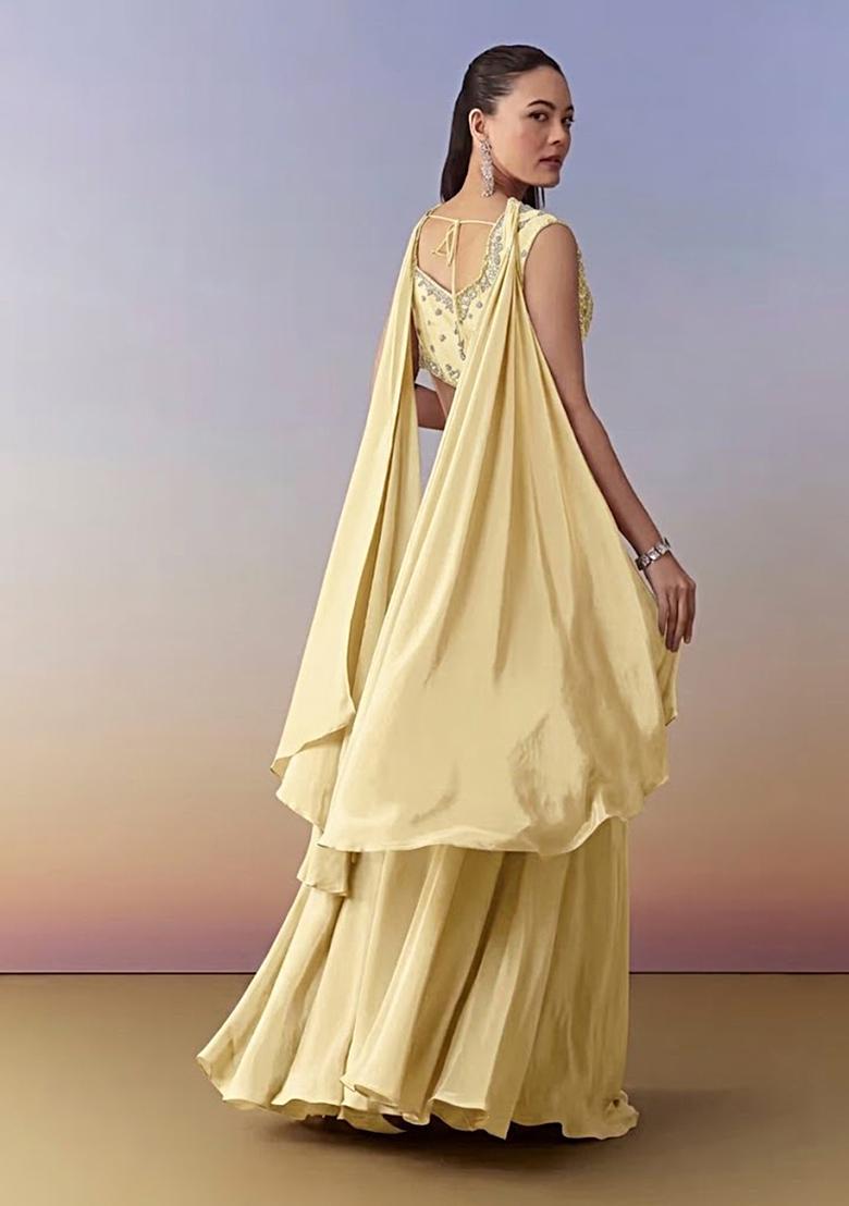 Pastel Yellow Crepe Handwork Fusion Set - Indya