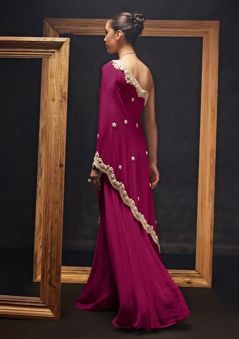 Rani Pink Crepe Handwork Fusion Set - Indya