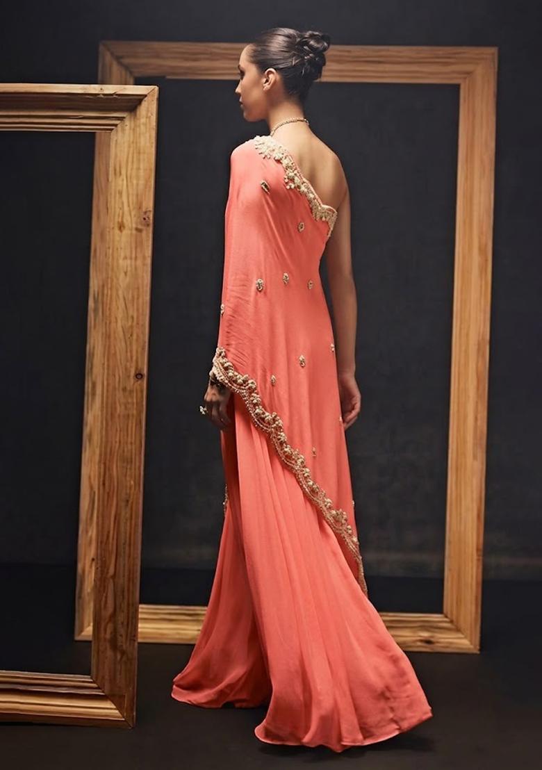 Peach Crepe Handwork Fusion Set - Indya