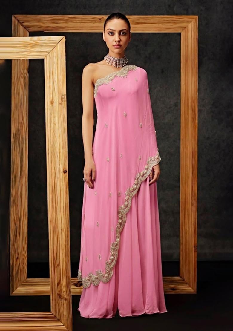 Soft Pink Crepe Handwork Fusion Set - Indya