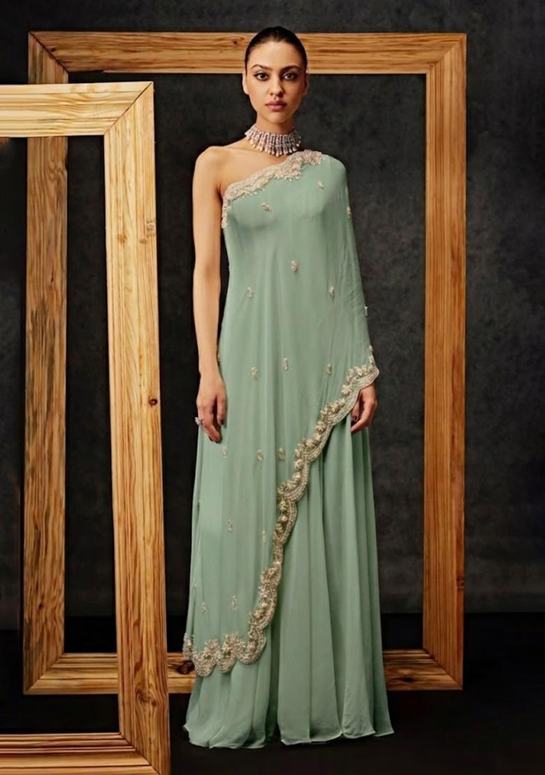 Sage Green Crepe Handwork Fusion Set - Indya