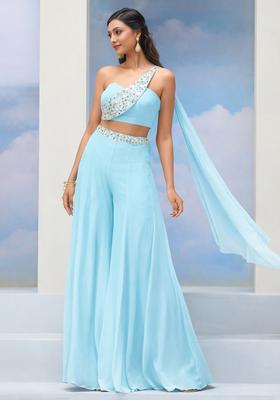 Ice Blue Crepe Handwork Fusion Set