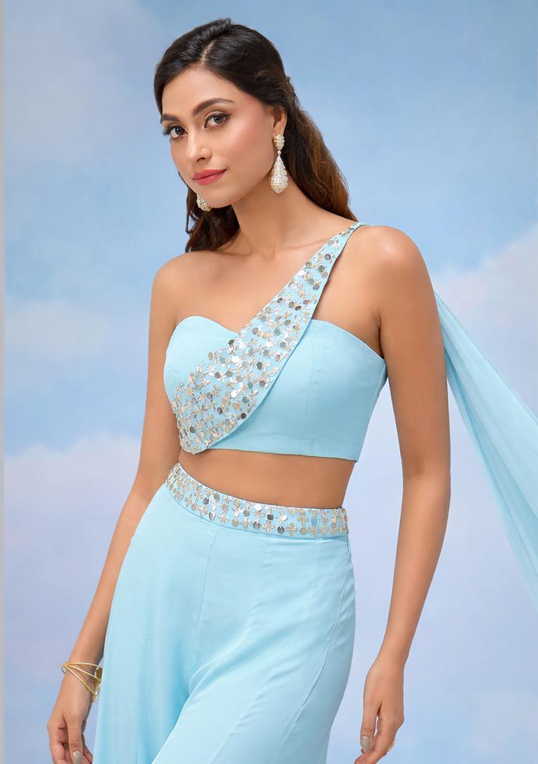 Ice Blue Crepe Handwork Fusion Set - Indya