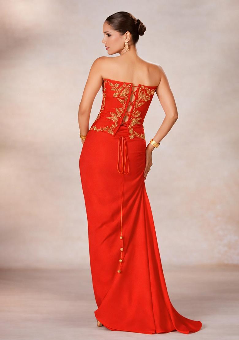 Red Crepe Handwork Fusion Set - Indya