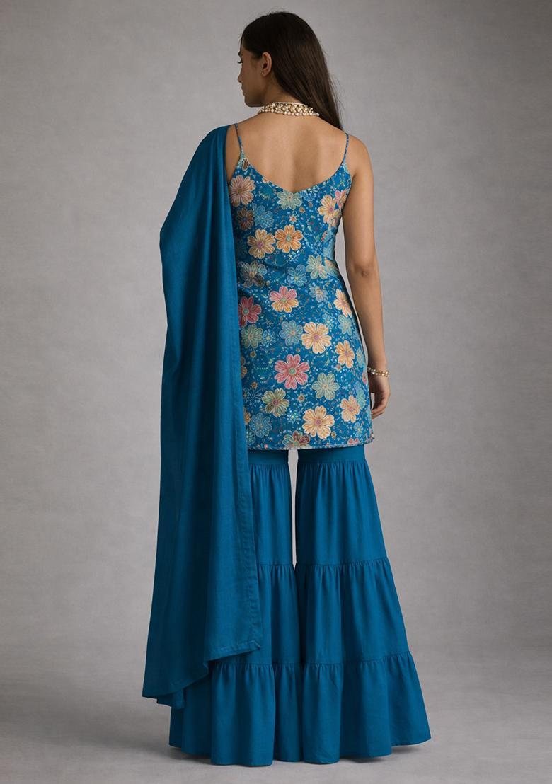 Blue Embroidery Crepe Sharara set - Indya