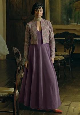 Dusty Purple Printed Jacquard Anarkali Set