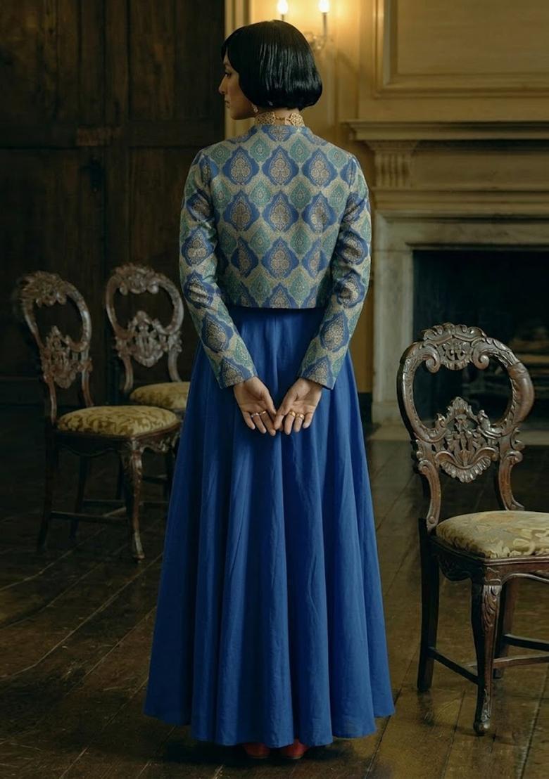 Blue Printed Jacquard Anarkali Set - Indya