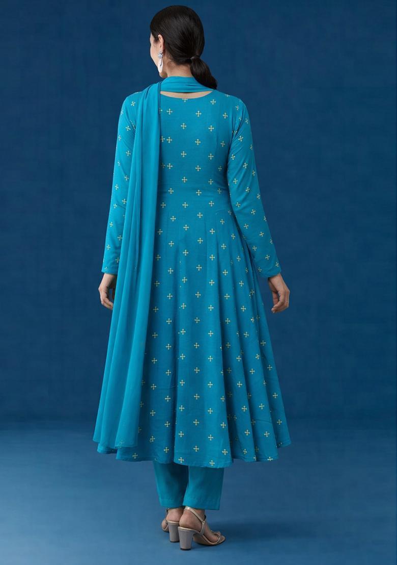 Aqua Blue Embroidery Orgenza Anarkali Set - Indya