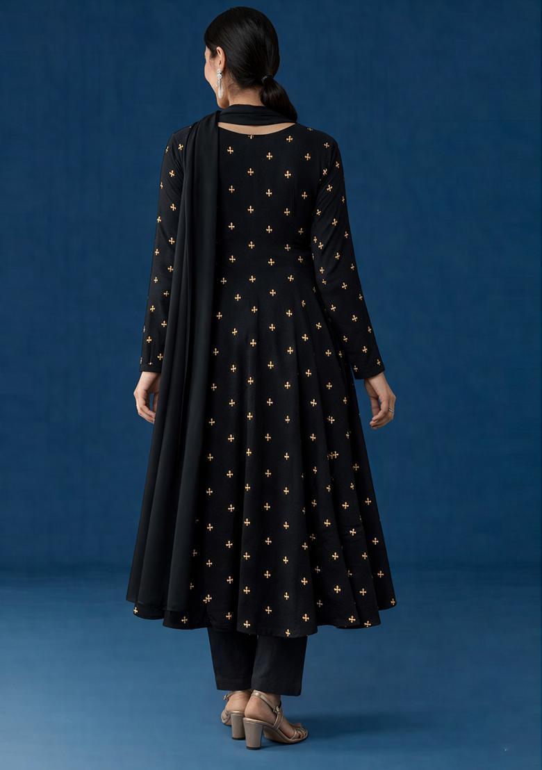 Black Embroidery Orgenza Anarkali Set - Indya
