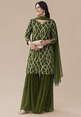 Olive Green Sequence embroidery Georgette Sharara Set
