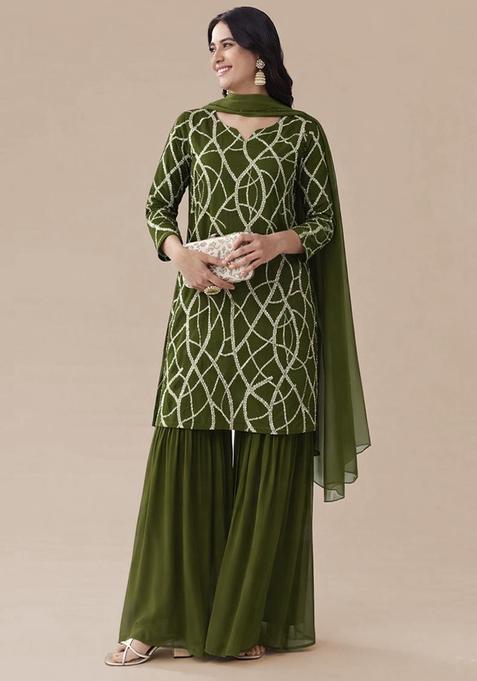 Olive Green Sequence embroidery Georgette Sharara Set