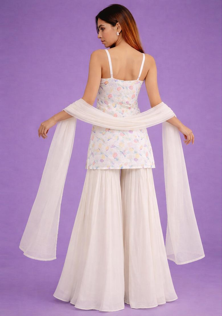 Ivory Jacquard Georgette Sharara Set - Indya
