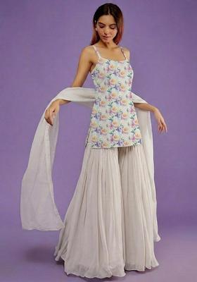 Ivory Jacquard Georgette Sharara Set