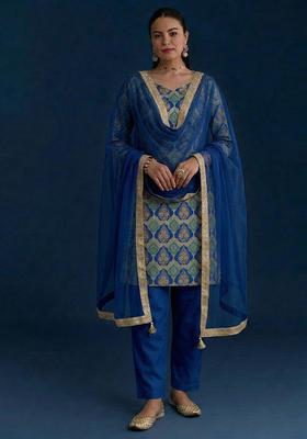 Royal Blue Jacquard Jacquard Straight Kurta Set