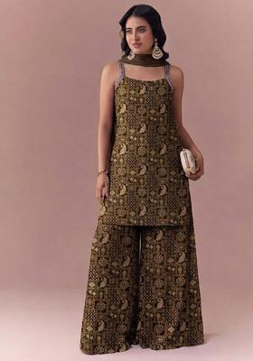 Olive Green Printed Jacquard Sharara Set