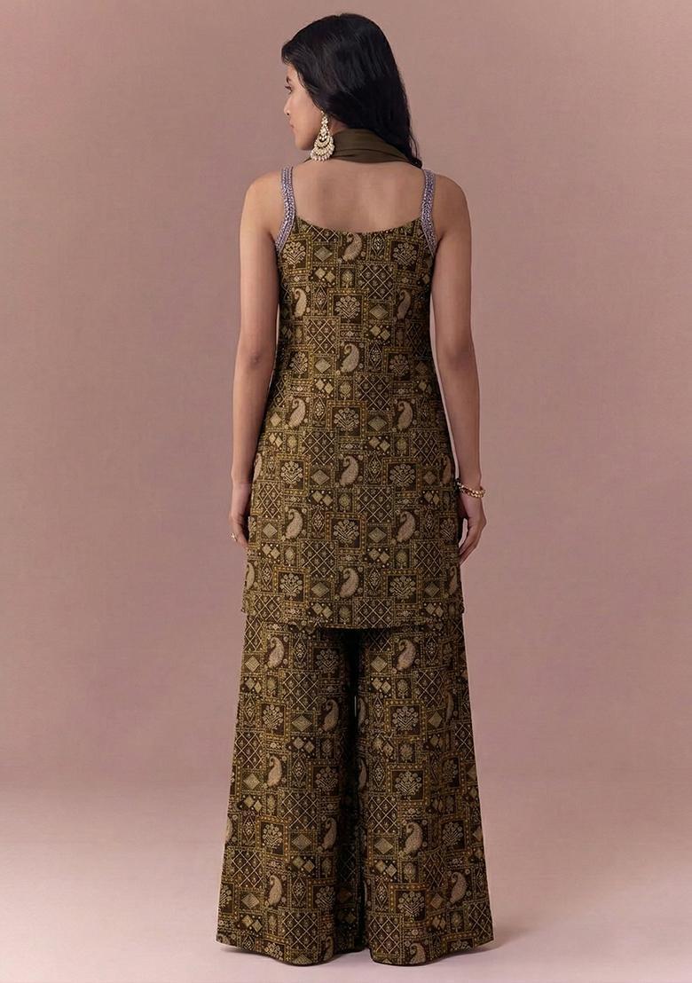 Olive Green Printed Jacquard Sharara Set - Indya