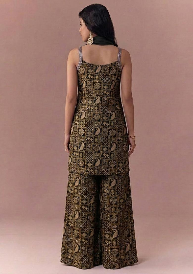 Olive Green Printed Jacquard Sharara Set - Indya