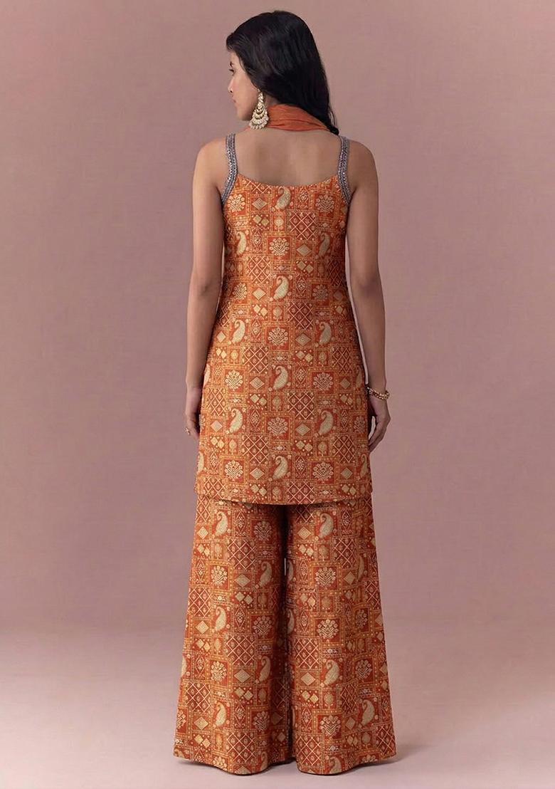 Rust Printed Jacquard Sharara Set - Indya