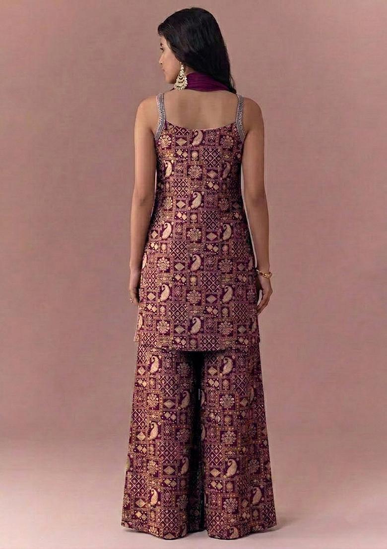 Brown Printed Jacquard Sharara Set - Indya