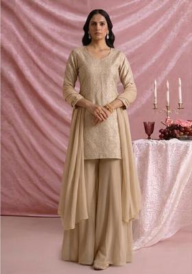 Beige Jacquard Silk Blend Sharara set