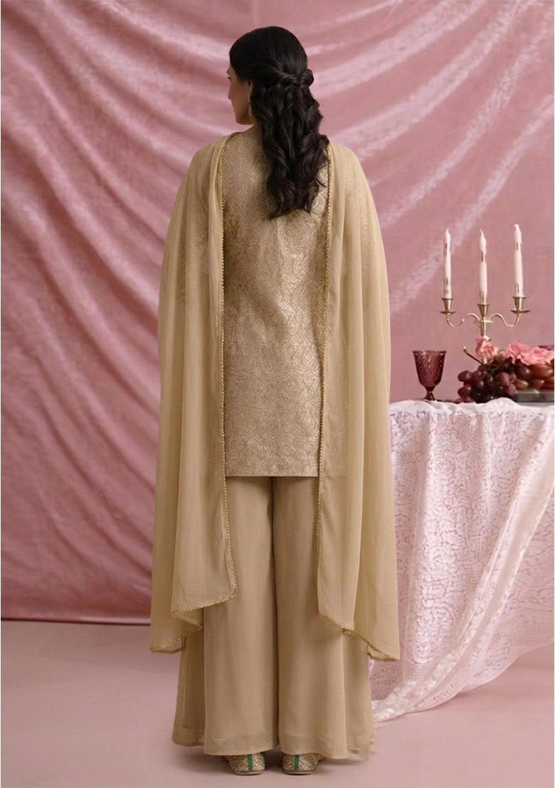 Beige Jacquard Silk Blend Sharara set - Indya
