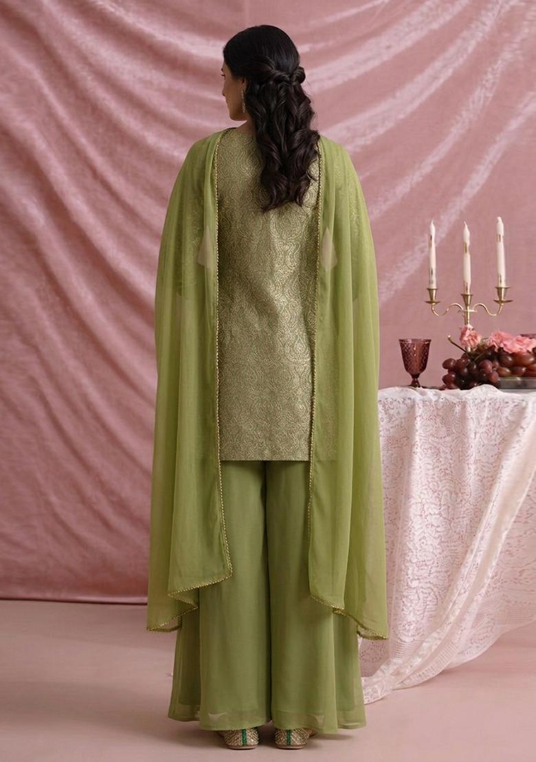 Olive Green Jacquard Silk Blend Sharara set - Indya