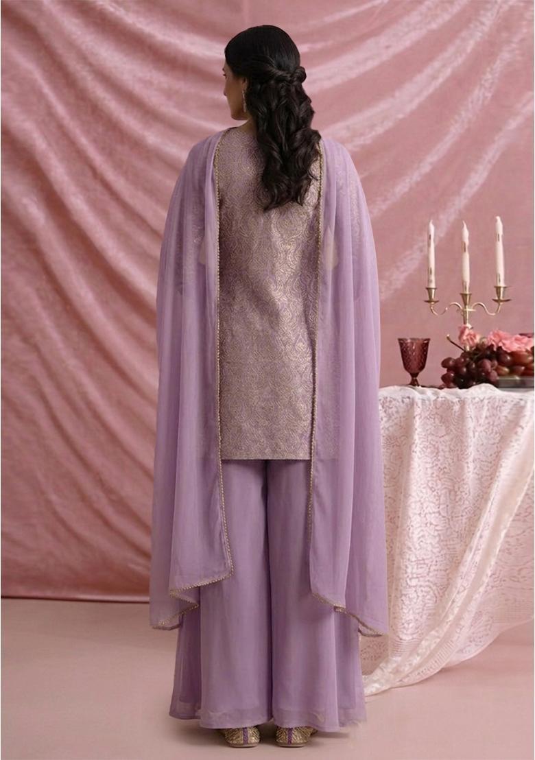 Lavender Jacquard Silk Blend Sharara set - Indya