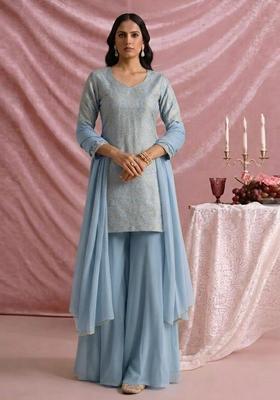 Powder Blue Jacquard Silk Blend Sharara set