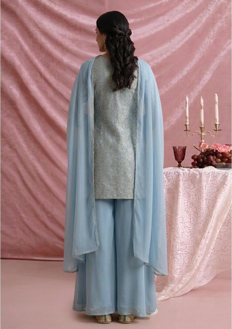 Powder Blue Jacquard Silk Blend Sharara set - Indya