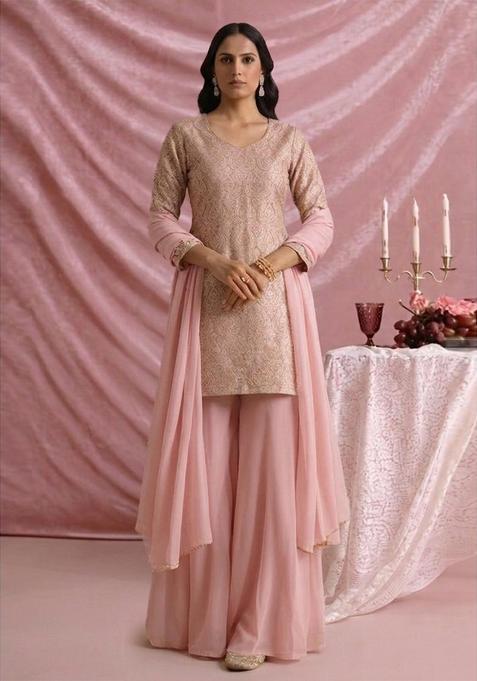 Light Pink Jacquard Silk Blend Sharara set