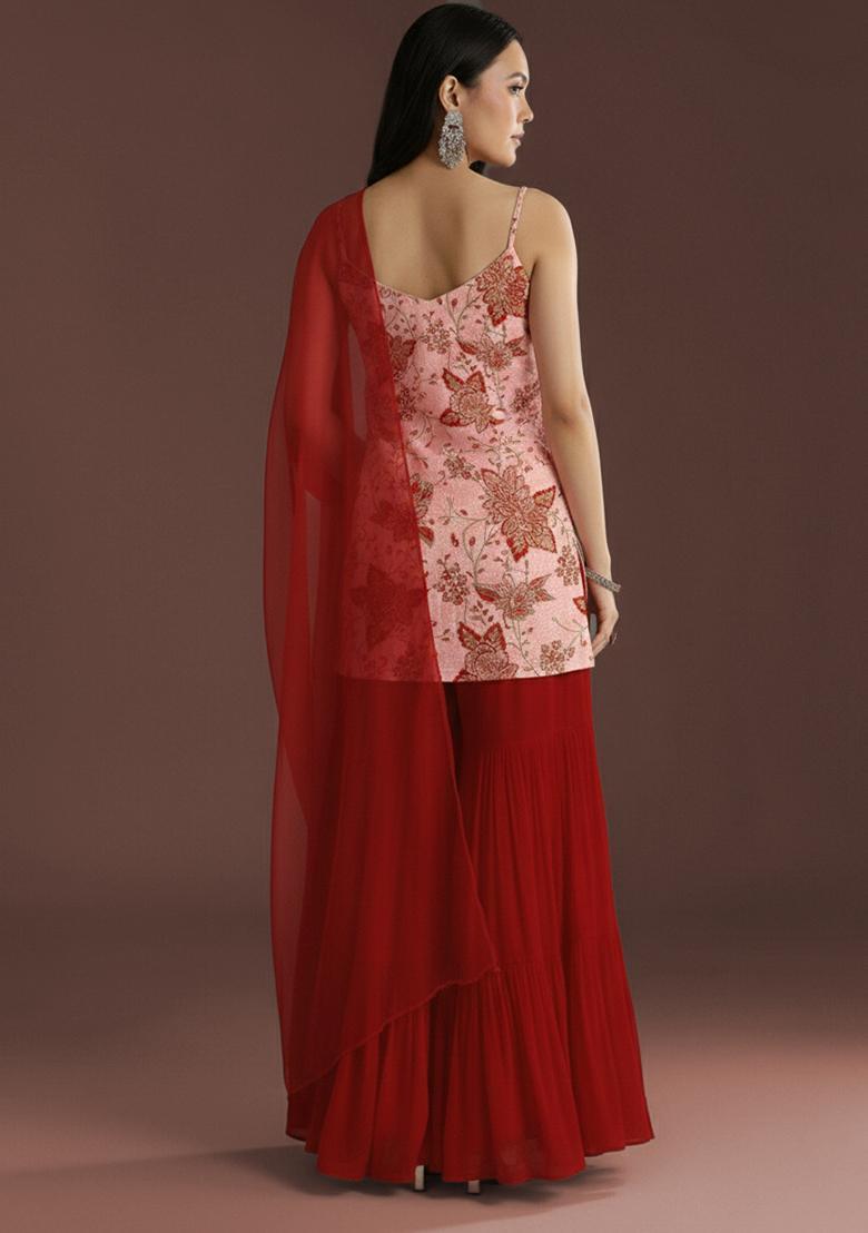 Deep Red Embroidery Crepe sharara Set  - Indya