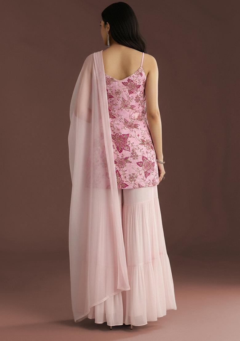 Light Pink Embroidery Crepe sharara Set  - Indya