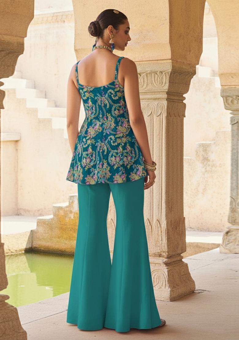 Teal Green Embroidered Crepe Sharara Set - Indya