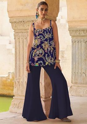 Navy Blue Embroidered Crepe Sharara Set