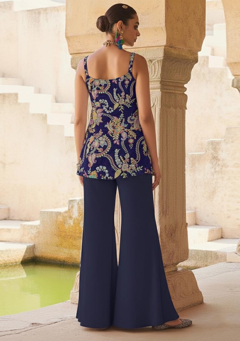 Navy Blue Embroidered Crepe Sharara Set - Indya