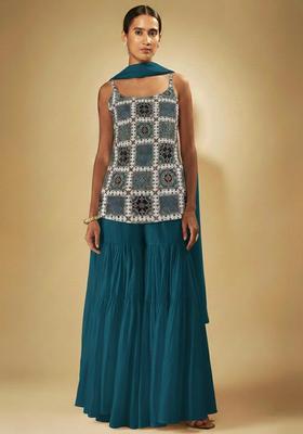 Teal Blue Printed Crepe sharara Set 