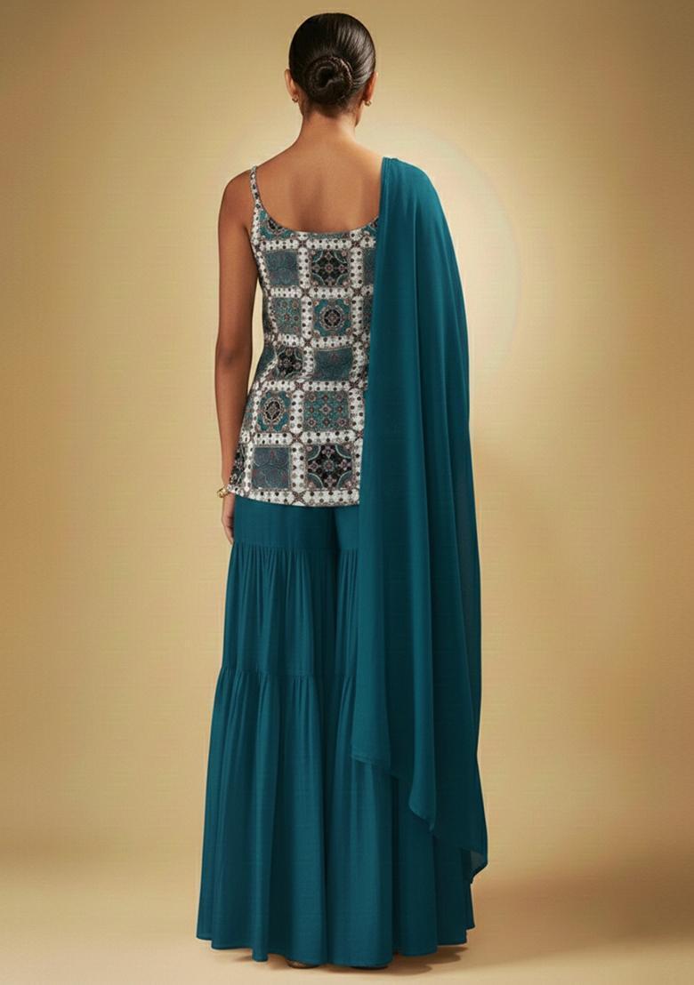 Teal Blue Printed Crepe sharara Set  - Indya