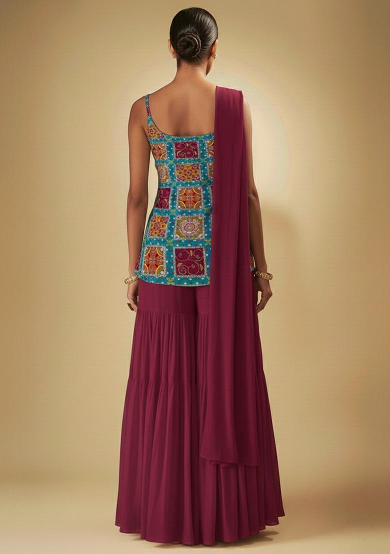 Pink Printed Crepe sharara Set  - Indya