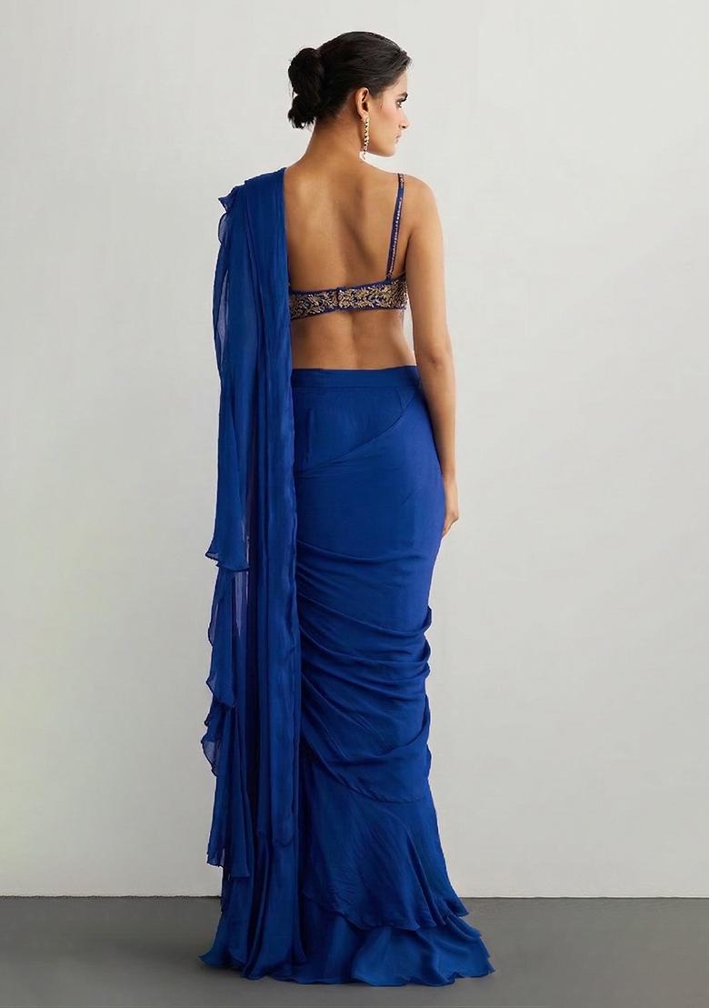 Royal Blue Chiffon Handwork Pre Draped Saree Set - Indya