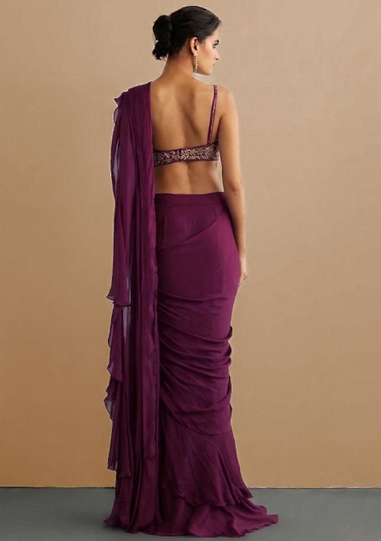 Purple Chiffon Handwork Pre Draped Saree Set - Indya