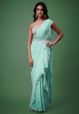 Mint Green Chiffon Handwork Pre Draped Saree Set